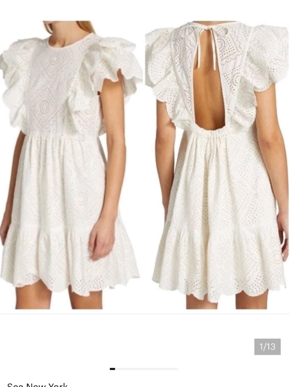 Sea New York Vienne White Eyelet Lace Tiered Ruffle Open Back Mini Tunic Dress